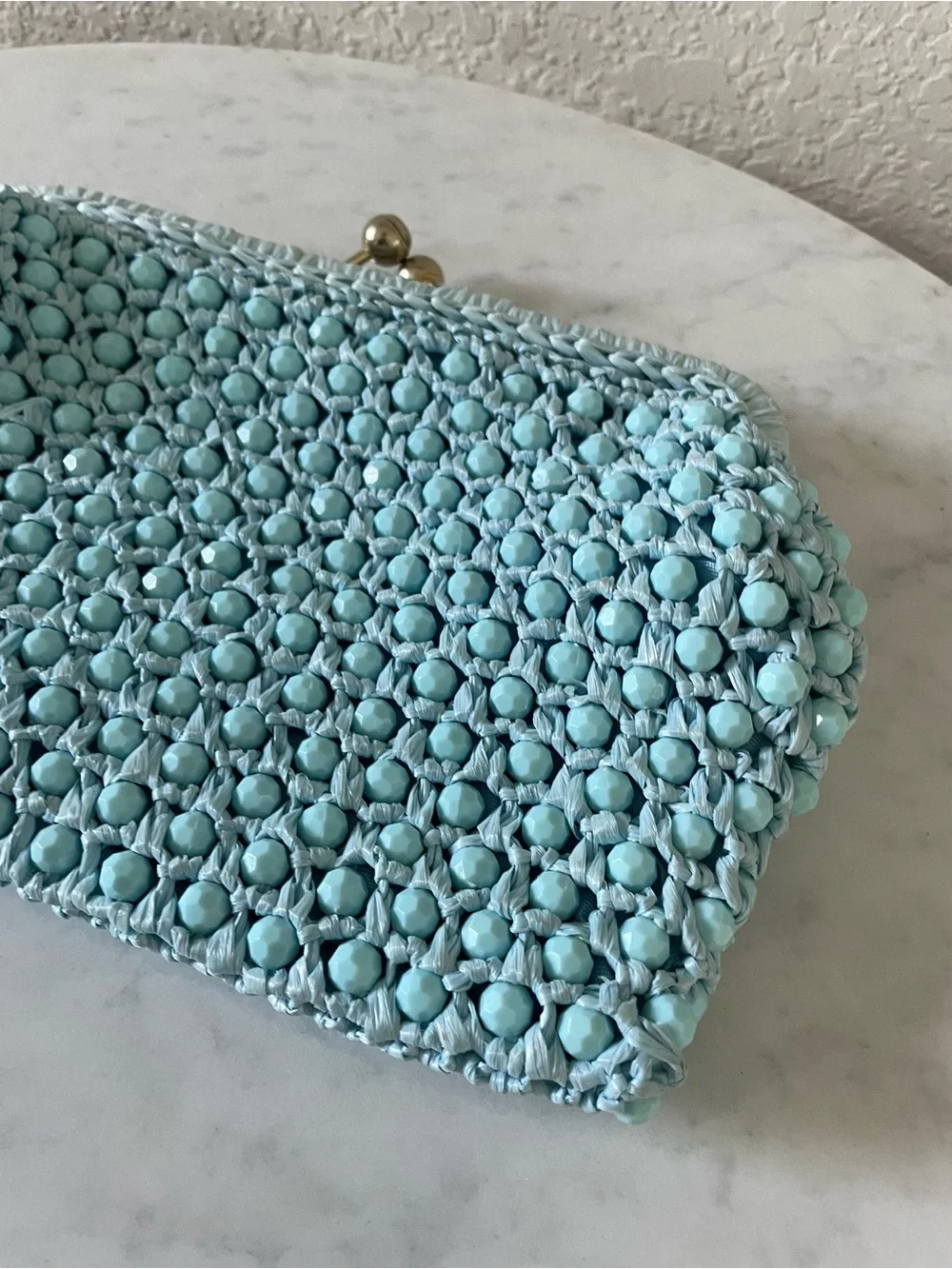 Vintage Made in Italy Seafoam Blue Ribbon Rosette Kiss Lock Clutch Evening Bag